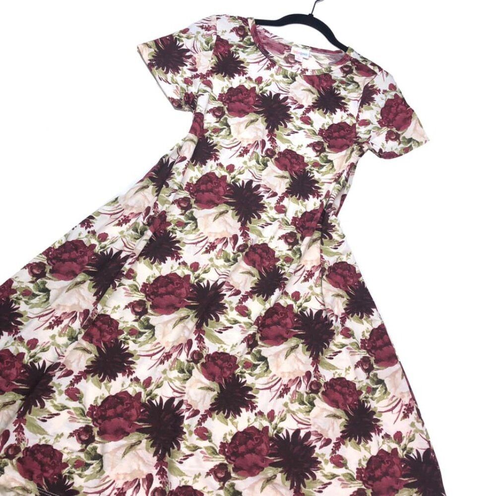 NEW S LuLaRoe Carly Cream Deep Red Floral Swing Dress High Low Flowy